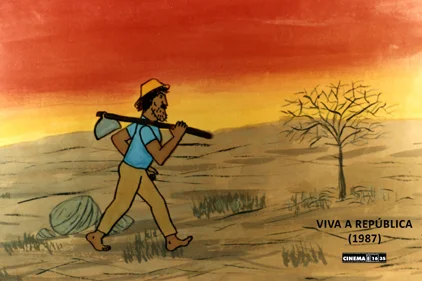Frame de Viva a República: lavrador caminhando pelo sertão ao pôr do sol